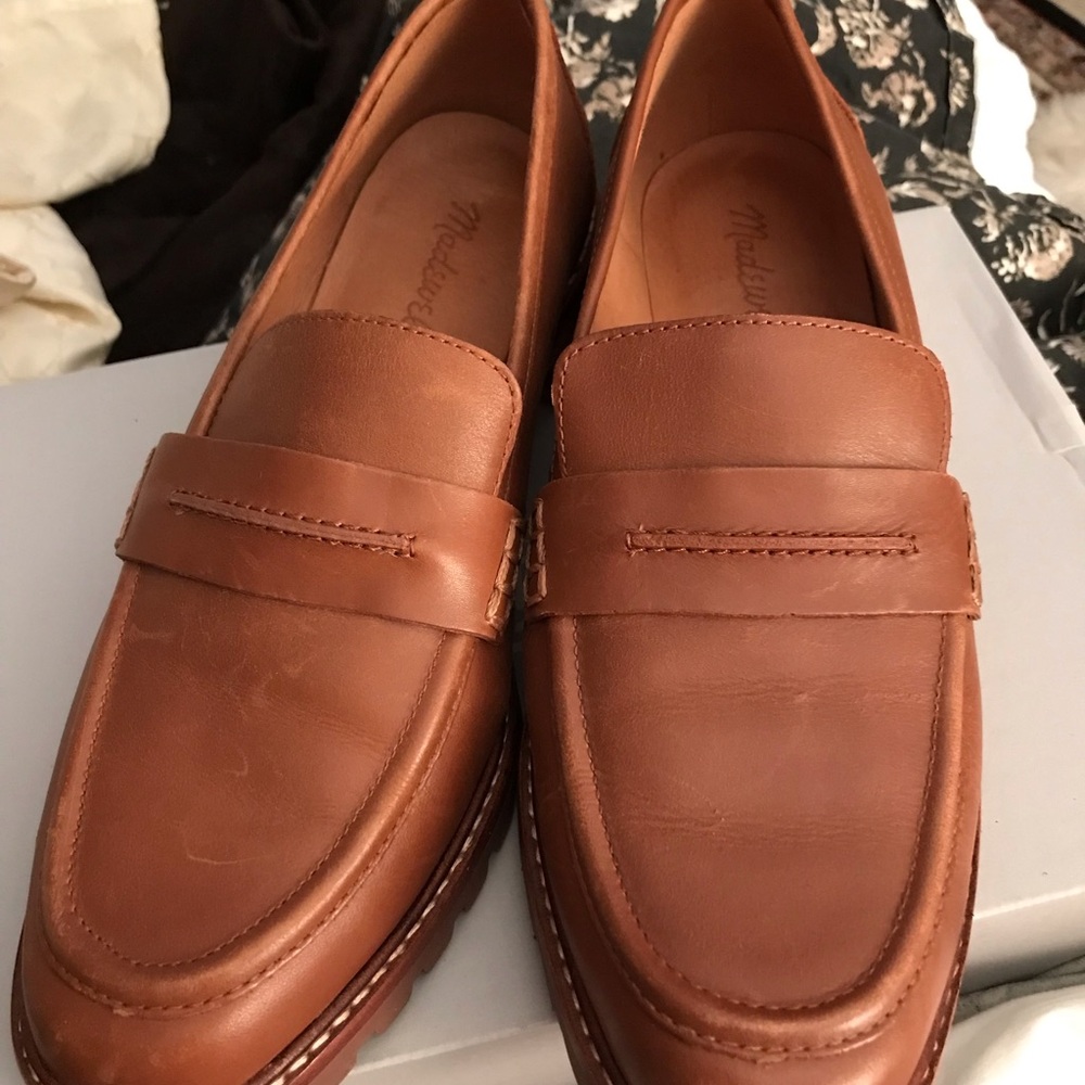 Madewell Leather Penny Loafers in Cognac Brown
